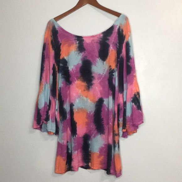 Tie Dye open back flare sleeve boho dress coverup - Picture 1 of 5